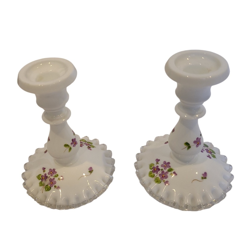Fenton Milk Glass Candle Holders Violets In The Snow Hand Painted Set Of 2